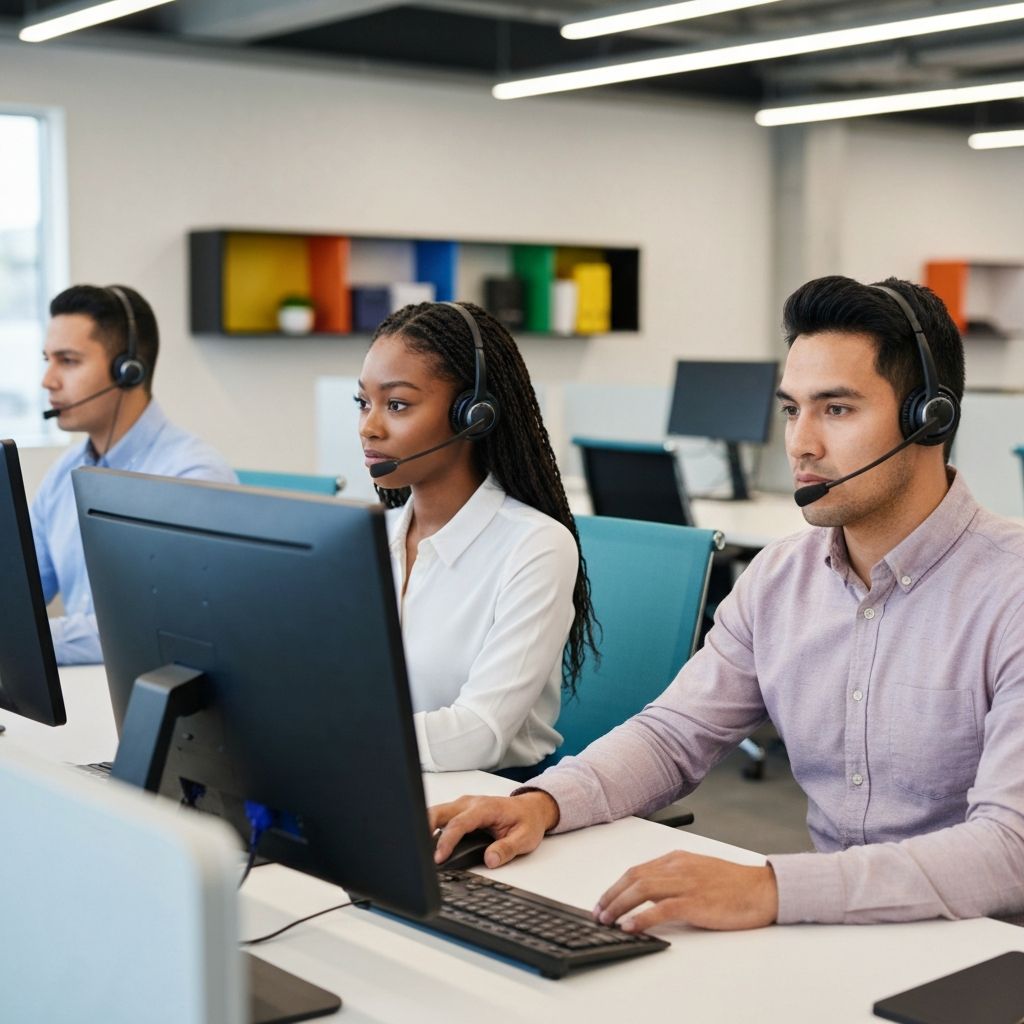 Professional call center team with VoIP headsets